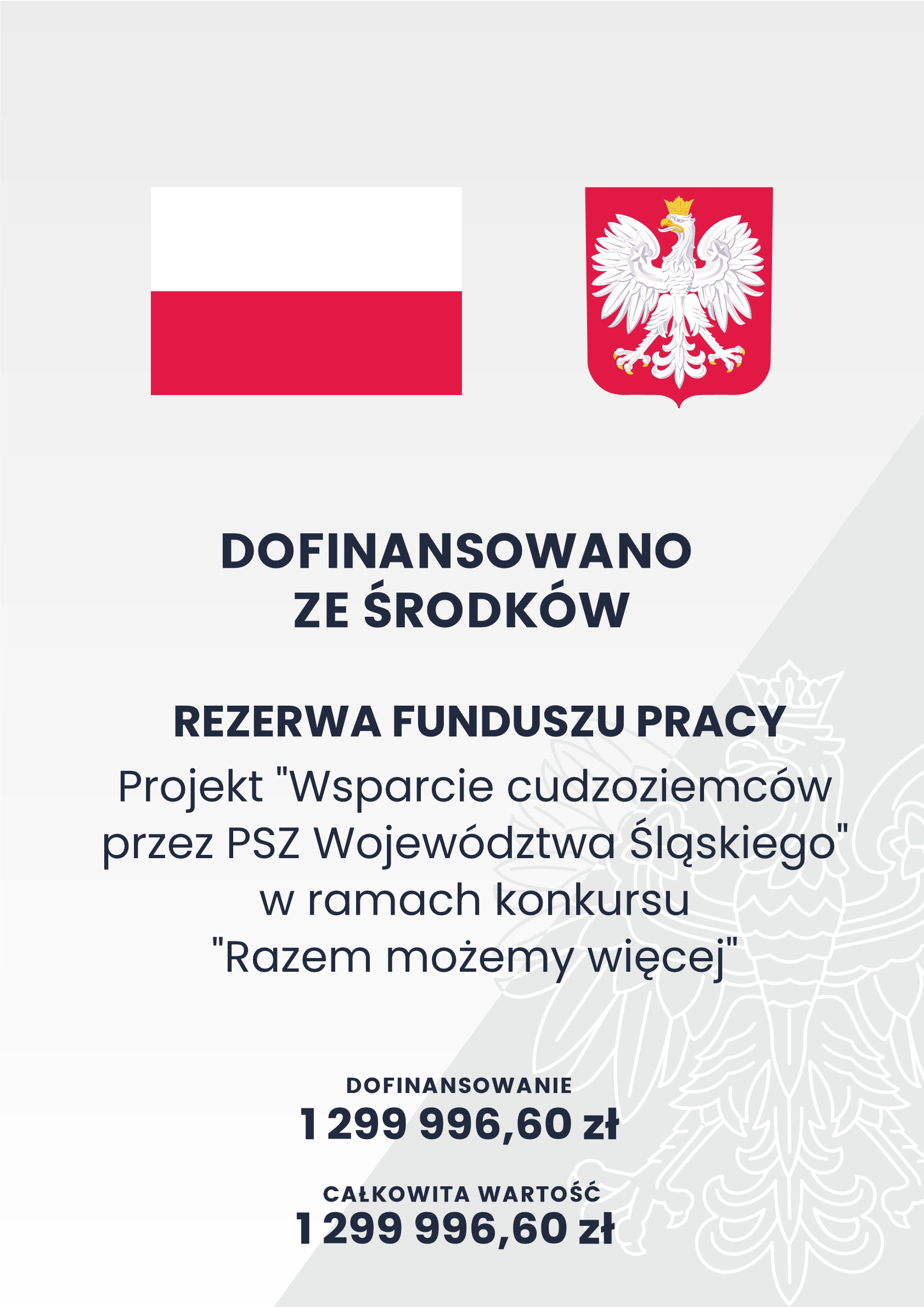 Plakat projektu pt. Wsparcie cudzoziemców przez PSZ województwa śląskiego. Plakat zawiera informację o finansowaniu oraz flagę i godło Polski.