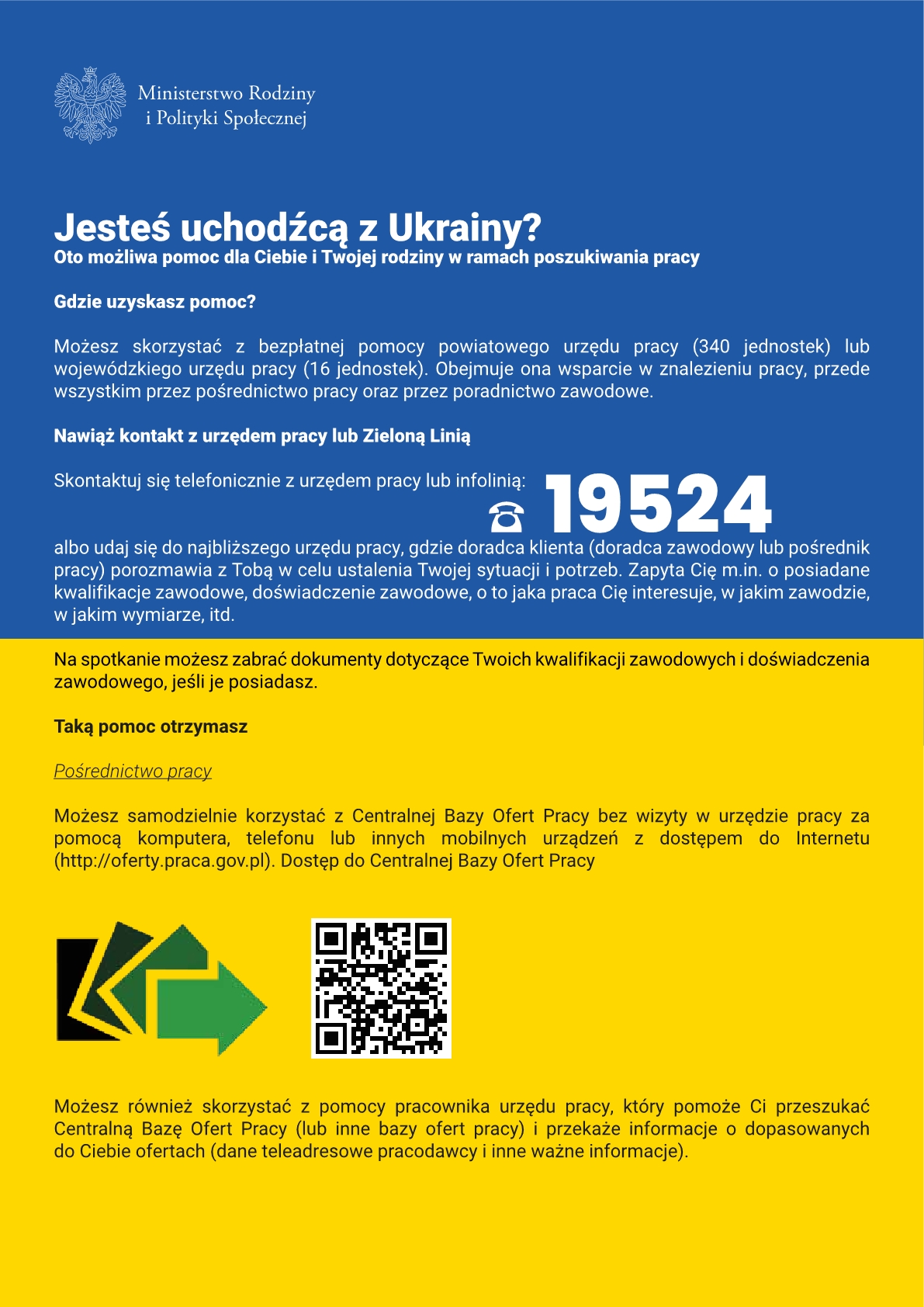 Ulotka zawiera numer infolinii dla uchodźców z Ukrainy, którzy poszukują pracy w Polsce - tel. 19524.