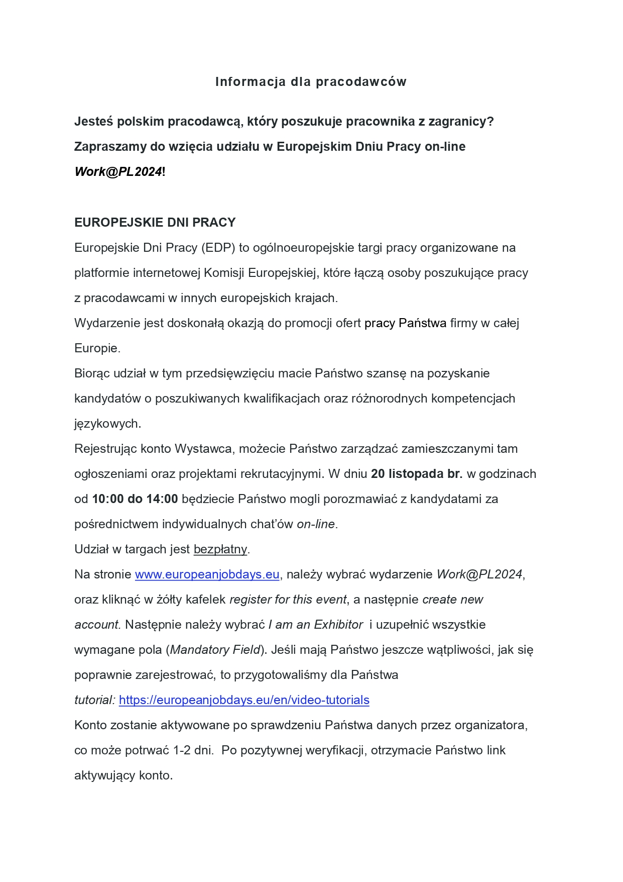 Informacja o Europejskich Targach Pracy