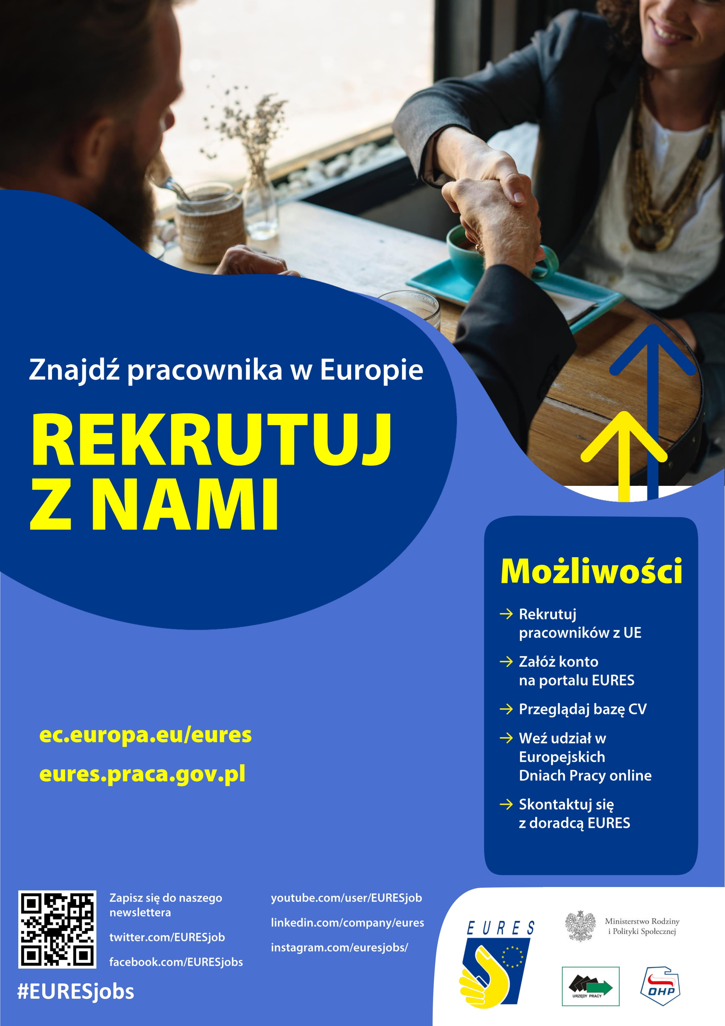 Plakat promuje rekrutację pracowników za pomocą portalu eures.praca.gov.pl