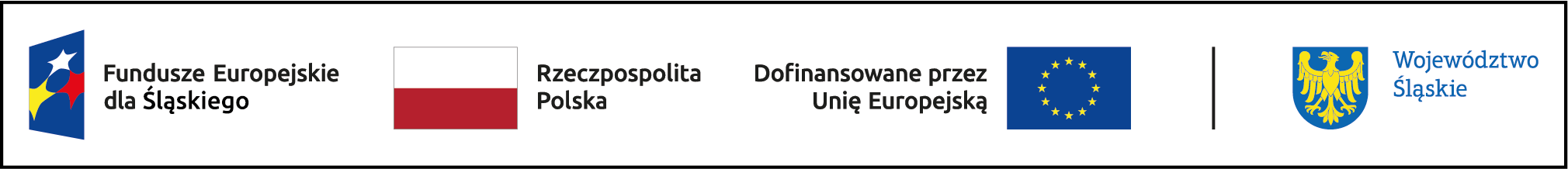 Loga Fundusze Europejskie dla Śląskiego, Flaga Rzeczpospolitej Polskiej, Flaga Unii Europejskiej z informacją - Dofinansowane przez Unię Europejską, Herb Województa Śląskiego. 